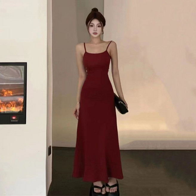 Asure 여자 여름 기질 무지 민소매 롱 끈나시 원피스