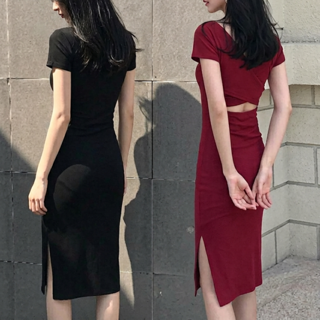 JQS 여성 슬림핏 2XL 미디 원피스 반팔 백트임 바디라인 홀복 섹시 원피스 데이트룩 하객룩 1845