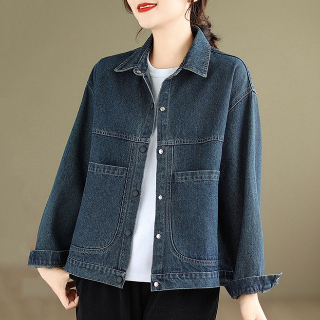 Izeriel 여성 데님 자켓 청자켓 딥블루 카라 숏 트렌디 루즈핏 빈티지 캐주얼 빅포켓 아우터 편안한 핏에 자연스러운 코디 숏 자켓