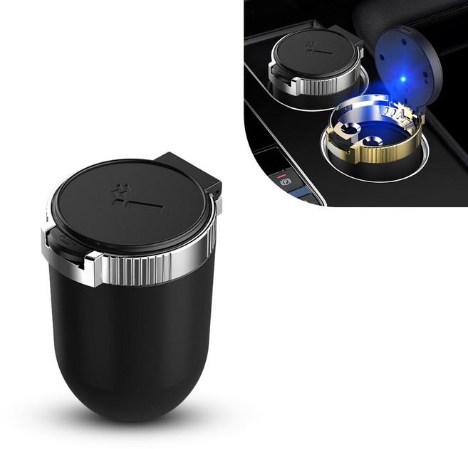 원터치 오픈 LED 냄새 차단 차량용 재떨이, 1개, 실버