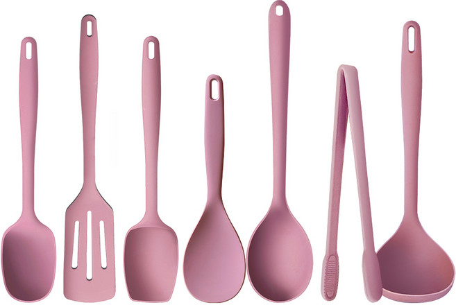더하리 국산 플래티넘 실리콘 조리도구 7종 세트, 1세트, 핑크, 볶음스푼+다용도스푼+깔끔주걱+국자+뒤집개+밥주걱+집게