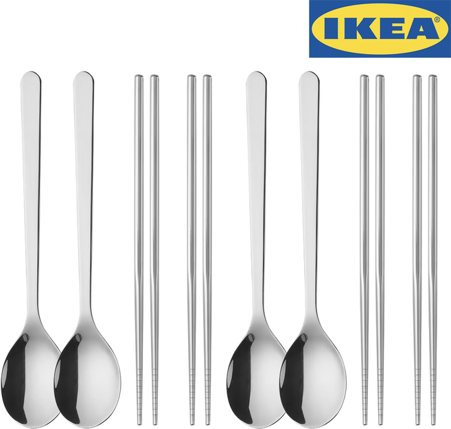 이케아 스테인리스 성인 수저세트, 4세트, 숟가락+젓가락, 실버