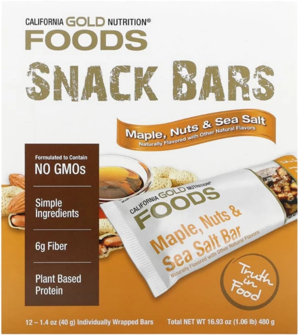 캘리포니아 골드 뉴트리션 CGN 메이플견과&바다 소금맛 스낵바 각40g 12개입, 캘리포니아 골드 뉴트리션 식품 메이플 씨 솔트 바 12, 1팩, 40g - 쿠팡