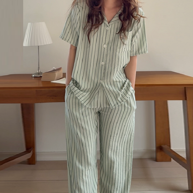 [해피데이 made] 캘르 스트라이프 시어서커 반팔 긴바지 파자마 세트 3color