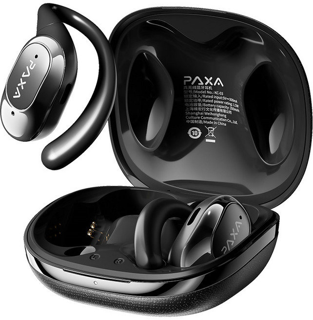 PAXA 귀걸이형 무선 블루투스 이어폰 AI 스마트 실시간 번역기 오픈형 ENC 노이즈 캔슬링 운동용 블루투스 음성 번역 이어폰 KC 03, 블랙 레귤러