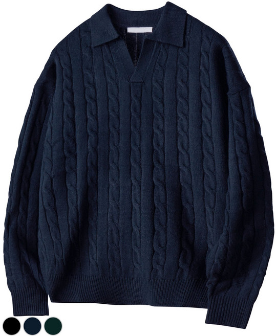 팀스핏 남성용 워셔블 빅사이즈 오버핏 꽈배기 카라 니트 티셔츠