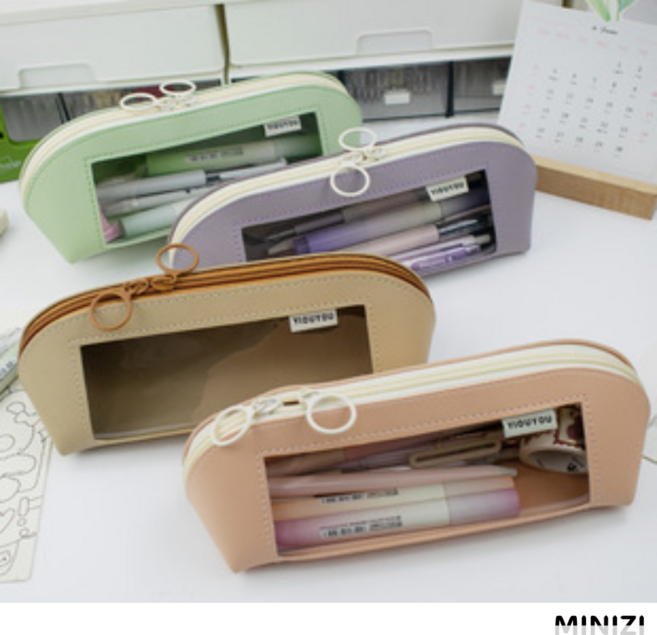 MINIZI 속이 훤히 보이는 필통 파우치, 1개, 브라운