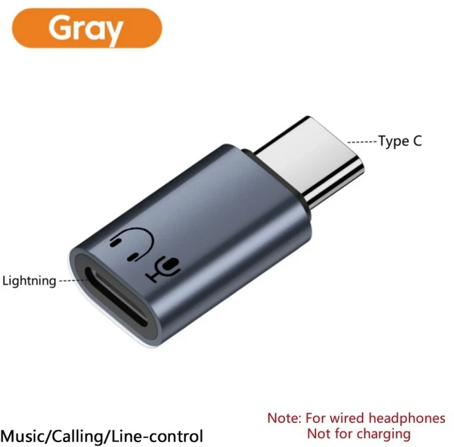 타입 C to 라이트닝 유선 헤드폰 어댑터 음악 통화 라인 제어 지원 USB Male IOS Female 오디오 Aux 컨버, 01 Style C-gray