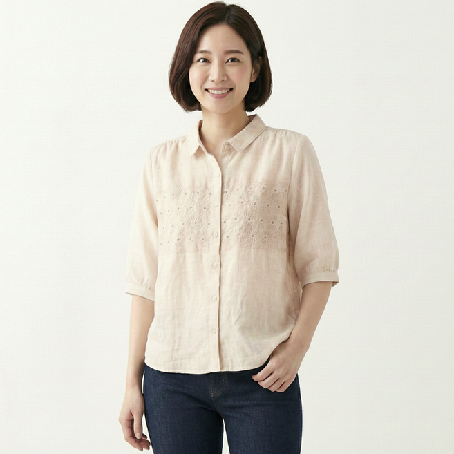 데일로엔 여성 카라 자수 레이스 블라우스 셔츠 플라워 펀칭 7부