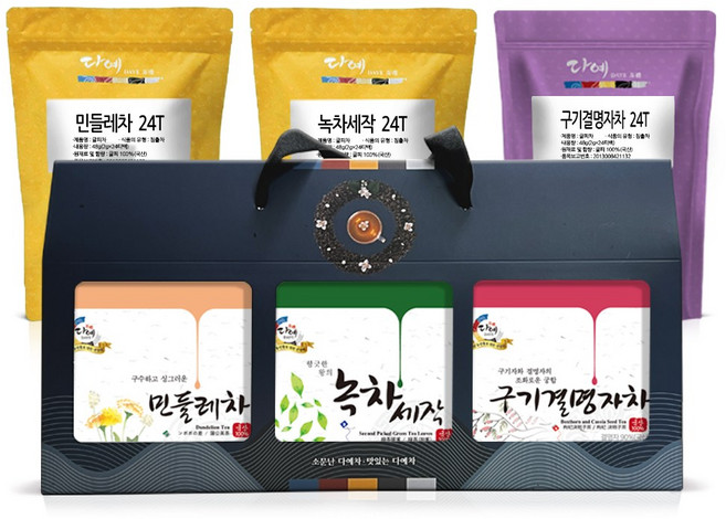 [본사직영] 다예 100% 국산 청혈건강 3종 민들레차+녹차세작+구기결명자차 선물세트, 2세트, 72개입