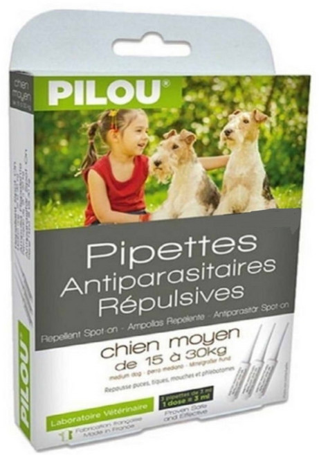 PILOU 皮樂 驅蟲滴劑 中型犬專用 (15-30公斤) 驅除跳蚤壁蝨蒼蠅白蛉 法國製造 3支3毫升, 1個, 【皮樂】1盒中型犬滴劑3ml*3