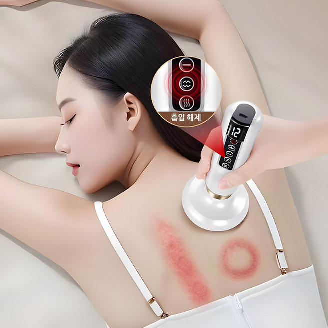 흡착형 바디 괄사 마사지기 스마트 무선 괄사 마사지기 전신 온열 셀프마사지기 12단계 조절 진공흡입 온열, 흰색, 386