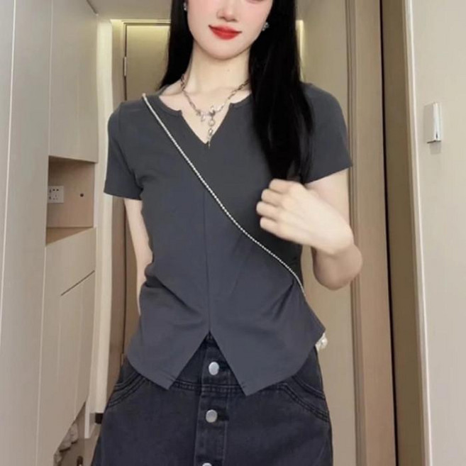 V領不規則開叉短袖上衣