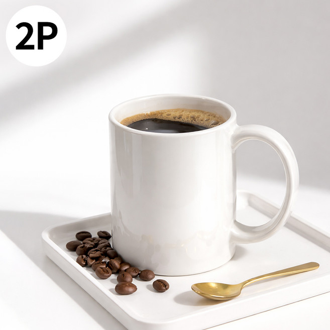 ROYAI ONE 데일리 머그컵 사무실 홈카페 심플 커피잔 360ml, 화이트, 2개