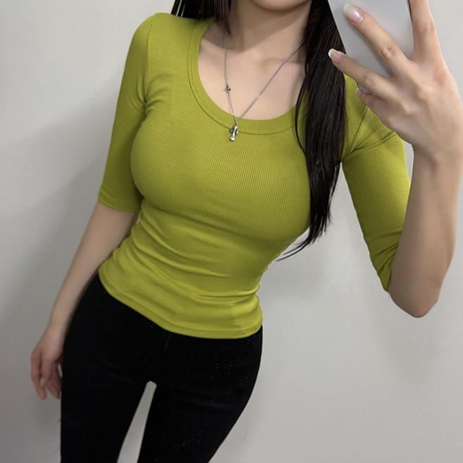 VANANA2 [KOREA MADE] 고퀄리티 여성5부티셔츠 딥유넥 스퀘어 골지 글램룩 스판 슬림핏 이너 7부소매