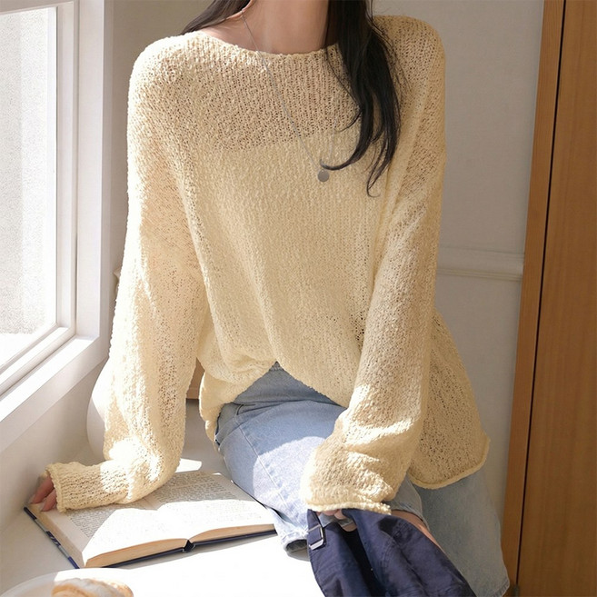 데일리앤 피온 9컬러 여성 루즈핏 보트넥 그물 레이어드 시스루 봄 여름 긴팔 부클 니트