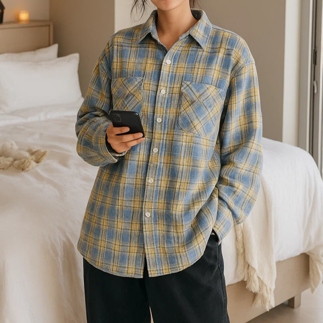 데일로엔 여성 체크 오버핏 긴팔티 셔츠