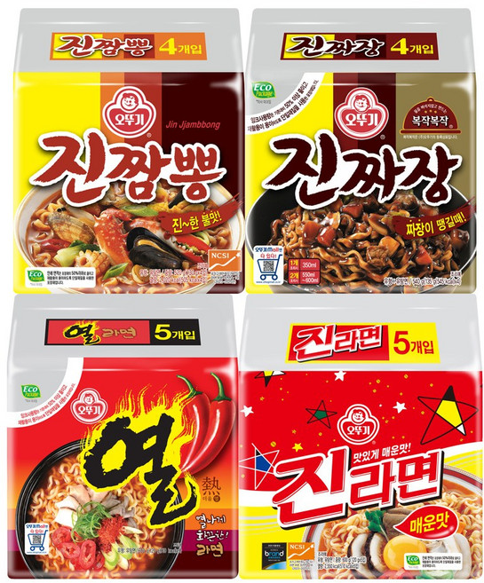 오뚜기 인기라면 BEST 2 열라면 1개 + 진라면 매운맛 1개 + 진짬뽕 1개 + 진짜장 1개 1세트