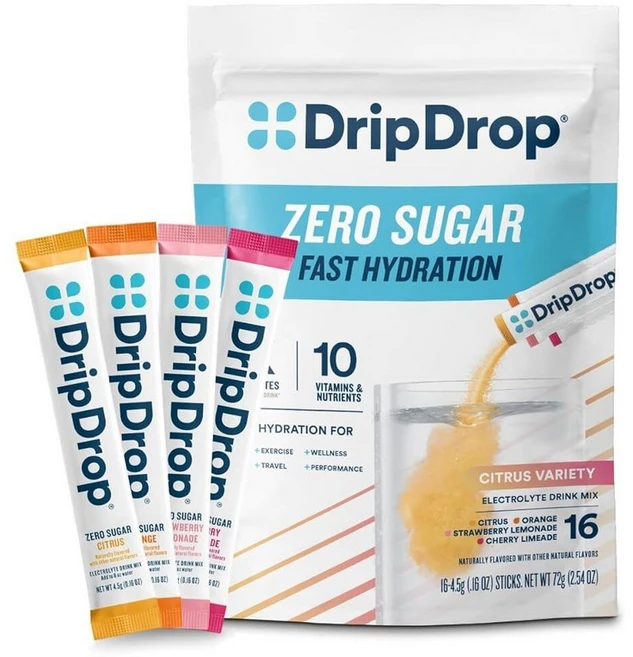 DripDrop 무설탕 하이드레이션 패킷 - 제로 시트러스 버라이어티 팩 - 1인용 전해질 파우더 드링크 믹스 - 체리 라임에이드 시트러스 오렌지, 16개 - 쿠팡