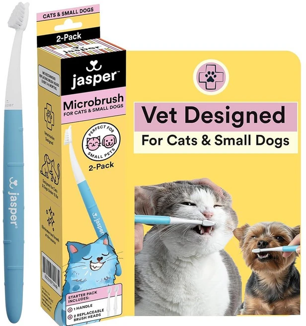 제스퍼 Jasper Microbrush 수의사 승인 고양이 칫솔 및 소형견용 부드러운 칫솔모 칫솔 키트 교체 가능한 헤드 2개가 있는 미끄럼 방지 손잡이 치약과 함께 사용, 마이크로브러시 키트 - 쿠팡