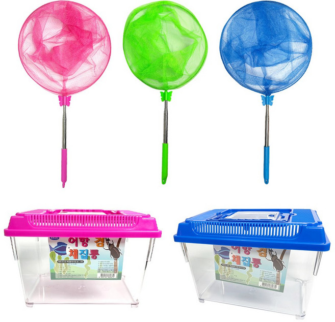 동남교재 5단 잠자리채(색상랜덤) + 채집통(사각) 세트, 색상랜덤