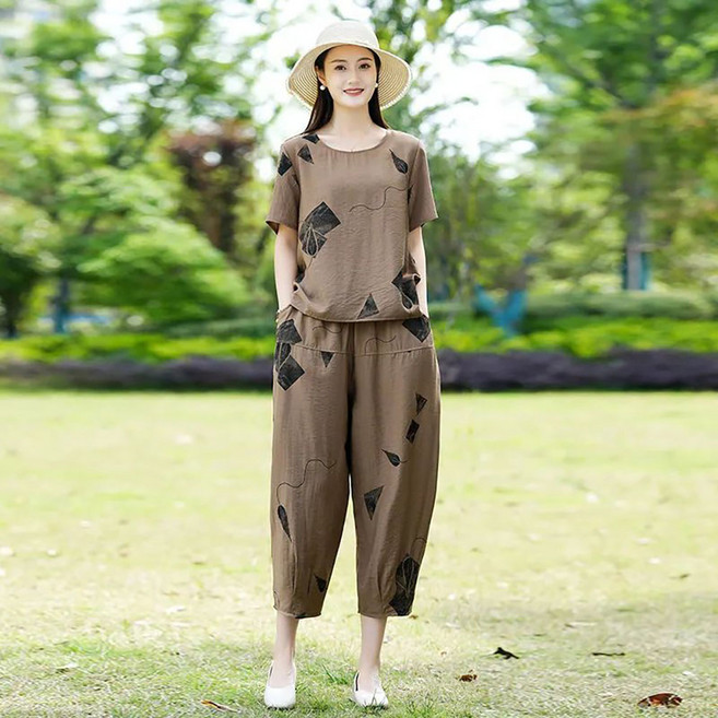 지고다그 여성 여름 기하학적 패턴 반팔 상의와 바지 세트 편안한 핏 데일리룩 WY73384