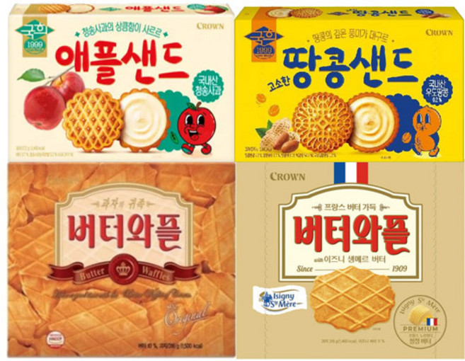 크라운 버터와플 316g+위드 이즈니 생메르 버터 316g+국희 땅콩샌드 279g+애플샌드 272g 총4개, 1개