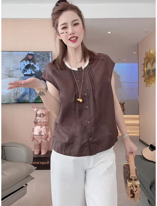 法式氣質棉麻上衣女夏季新款時尚薄款短袖亞麻襯衫