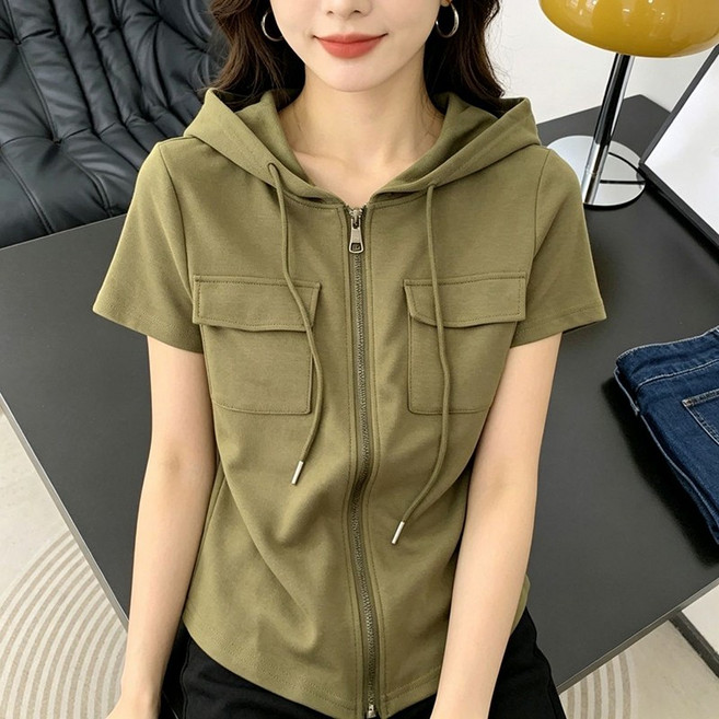 여성 반팔 맨투맨 여름 루즈핏 후드 반팔 집업 티셔츠 솔리드 빅사이즈 캐주얼 여자 반팔 후드티 LCL