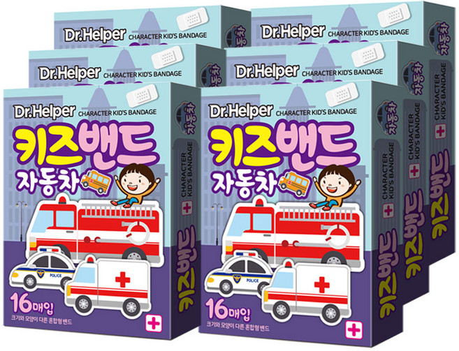 닥터헬퍼 캐릭터 키즈밴드 자동차 단독 모양 일회용 반창고 상처밴드 혼합형 16P X 6개입, 6개