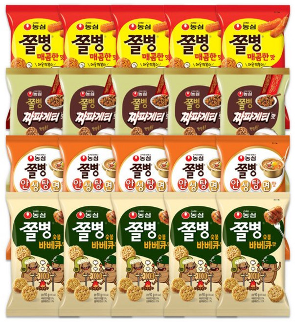 농심 쫄병스낵 매콤한맛 82g5개+숯불바베큐맛5개+안성탕면맛5개+짜파게티맛5개 총20개, 농심 쫄병스낵 매콤한맛 82g5개+숯불바베큐맛5개+안성