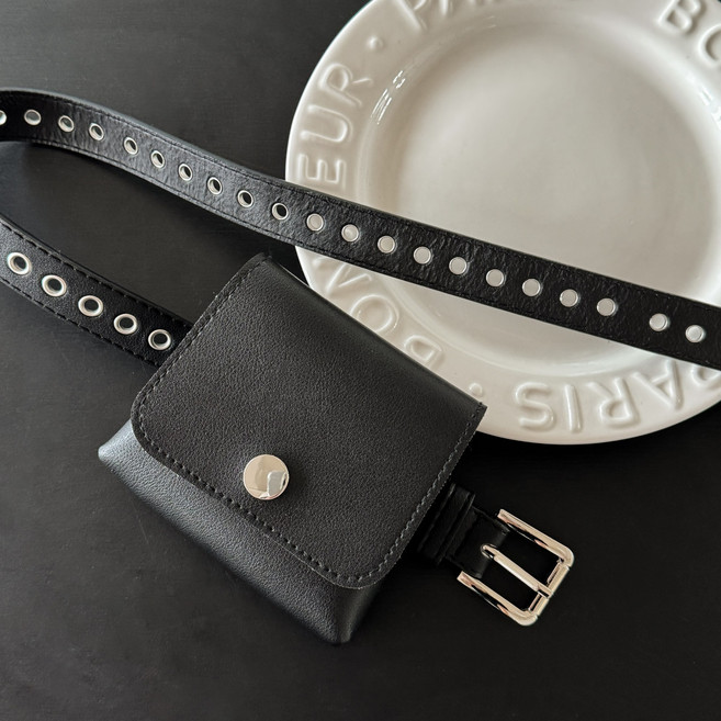 블루씨티 시크 블랙 포켓 레더 힙색 가방 벨트