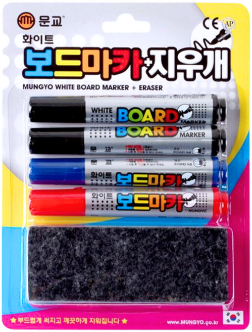 문교 보드마카 4개+지우개 세트, 블랙2,블루1,레드1, 1팩