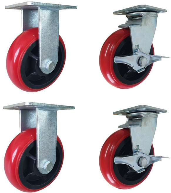 핸드카트 대차 구루마 롤테이너 카트 우레탄 바퀴 4개, 적색 PVC바퀴, 고정2개 회전브레이크2개, 1세트