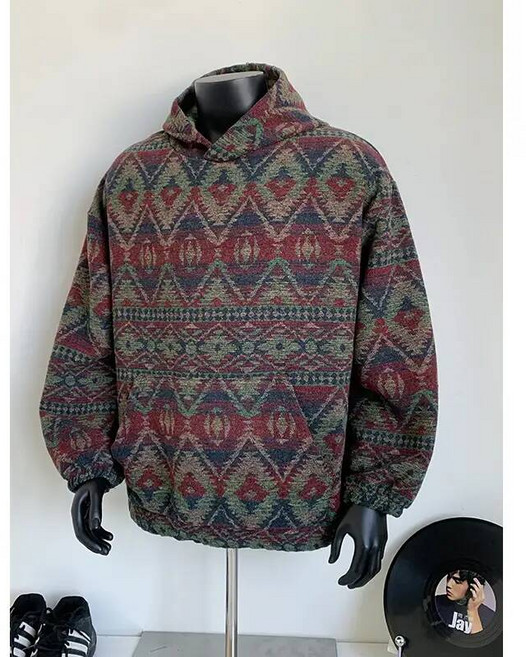 빅사이즈후드 집업후디 가디건 빈티지 자카드 니트 후드 스웨터 22 남성 가을 겨울 느슨한 풀오버 두꺼운 따뜻한 까마귀