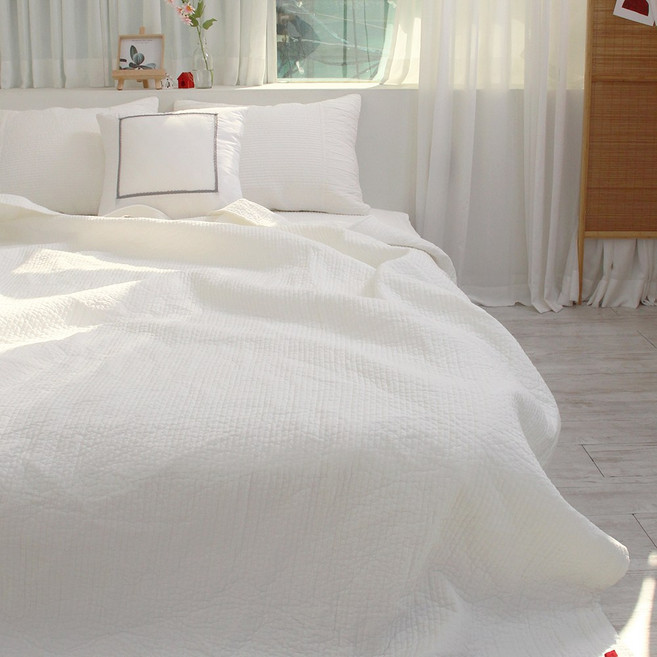 멜로뷰 오가닉순면 9mm 줄누빔 무공해 친환경 피그먼트워싱 프리미엄 패드 이불 겸 스프레드, 베개커버(50X70cm), 화이트