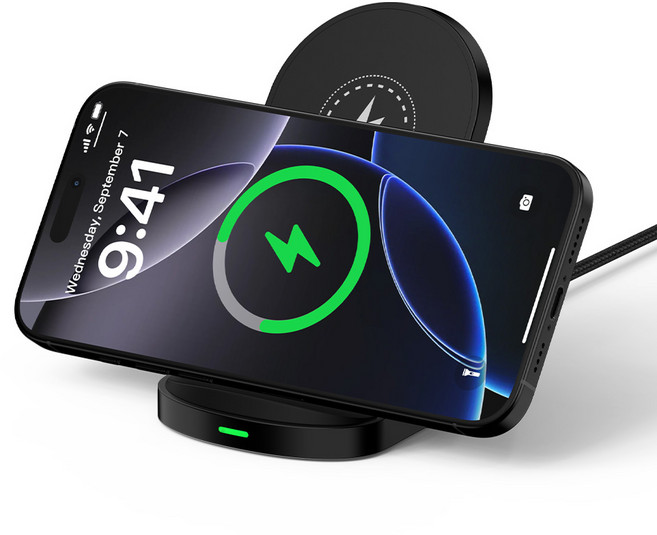 ANNIBER Qi 15W C타입 듀얼코일 고속 무선충전기 거치대 아이폰17/16/15 갤러시 Z플립7/6/5/4/3 Z폴드7/6/5/4/3 버즈 에어팟 프로 호환, 1개, 블랙