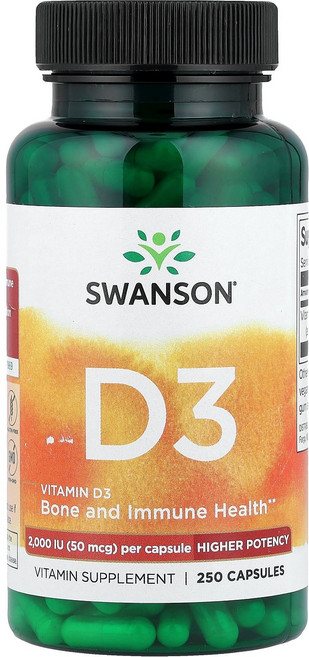 스완슨 Swanson Vitamin D3 Higher Potency 50 mcg 2 000 IU 250 Capsules, 1개
