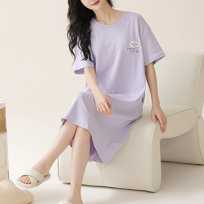 지고다그 여성 여름 면 반팔 라운드넥 루즈핏 프린트 심플 잠옷 원피스 편안한 홈웨어 LJMA0340
