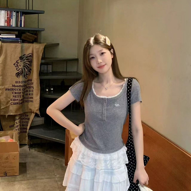 蕾絲花邊刺繡短袖t恤女 夏季 修身顯瘦 短款上衣