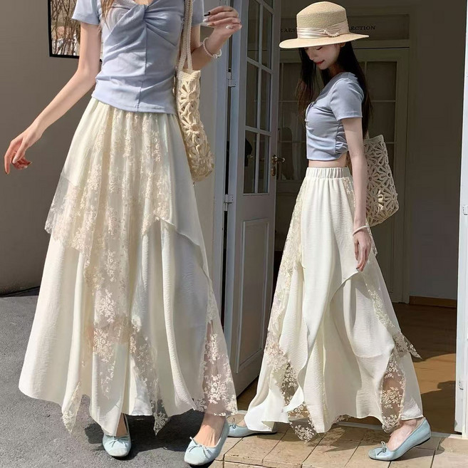 AURALA 여성 스커트 봄 여름 빅사이즈 루즈핏 패션 언밸런스 레이스 프릴 하이웨스트 밴딩 A라인 롱스커트