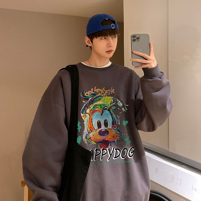 Skyciky 남자맨투맨 긴팔티 남자긴팔티 기능성 긴팔 캐주얼 오버핏 캐릭터 프린트 도널드덕 기모 라운드넥 가을겨울 빅사이즈 KK1601