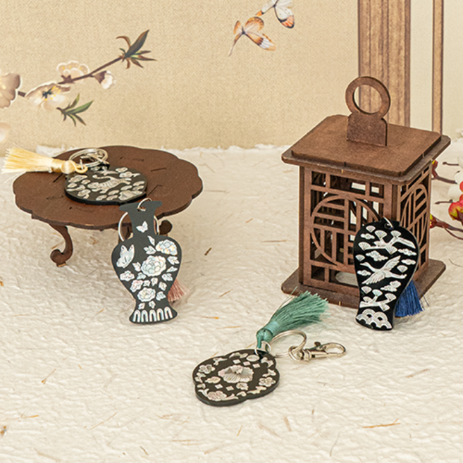 [오피스스쿨] 민화샵 KC인증 자개 스티커 키링 4종 택1 DIY 전통공예 한국기념품 키링만들기, 민화 자개 스티커 키링_호랑이