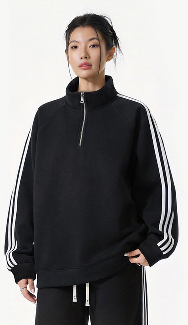 半高領三條杠長袖衛衣運動套裝