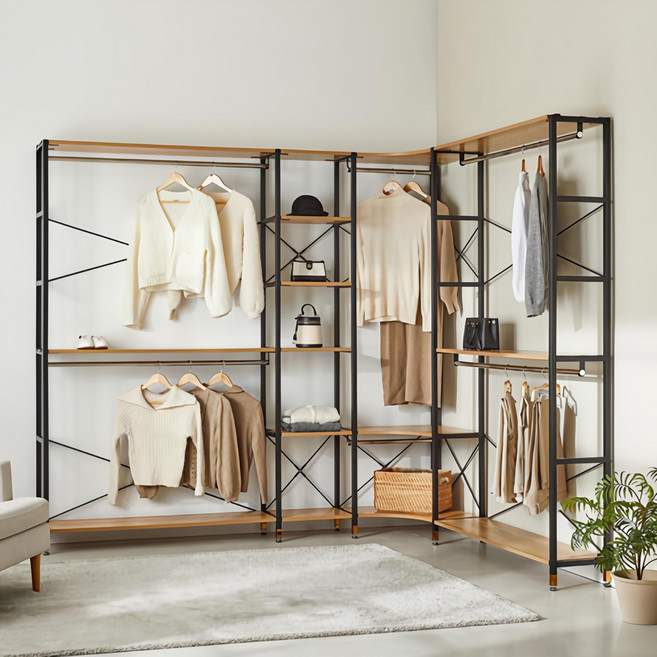 상도가구 모던하임 와이드 시스템 행거 조립식 철제 옷장 옷걸이 수납 드레스룸 시리즈, 아카시아(블랙프레임)