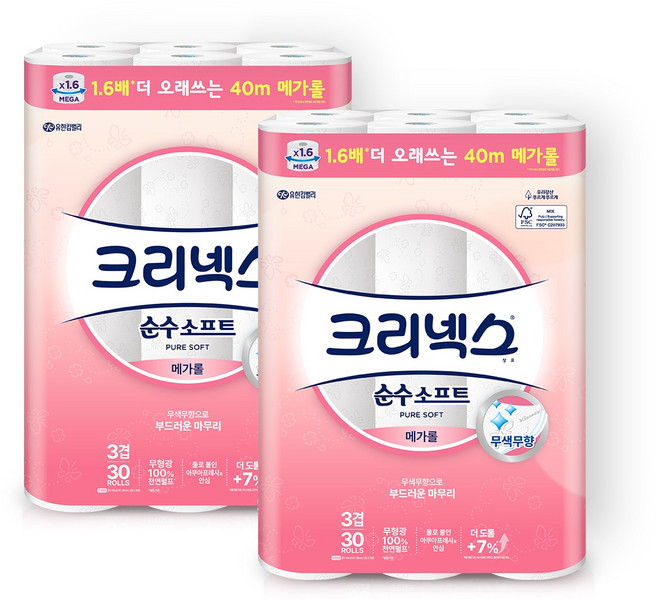 크리넥스 순수소프트 메가롤 40m x 30롤 x 2, 1개