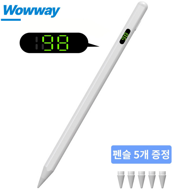 WOWWAY 아이패드 펜슬 터치펜 애플 iPad 호환용 LED 디스플레이형 블루투스형 usb-c 스마트펜, 1개, 화이트-디스플레이형