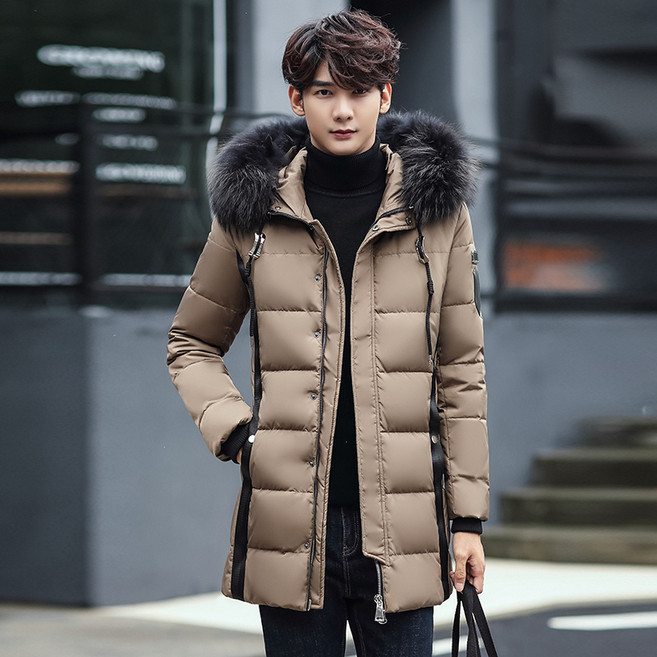 남성용 슬림핏 오리털 후드 롱패딩