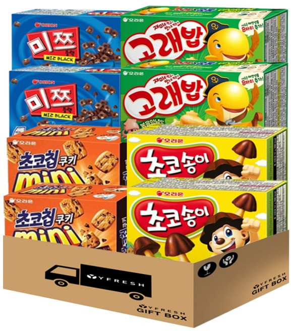 [YFRESH]미니 곽 과자 모음(미쯔2 고래밥2 미니초코칩쿠키2 초코송이2), 1세트, 오리온과자 쿠키4종세트