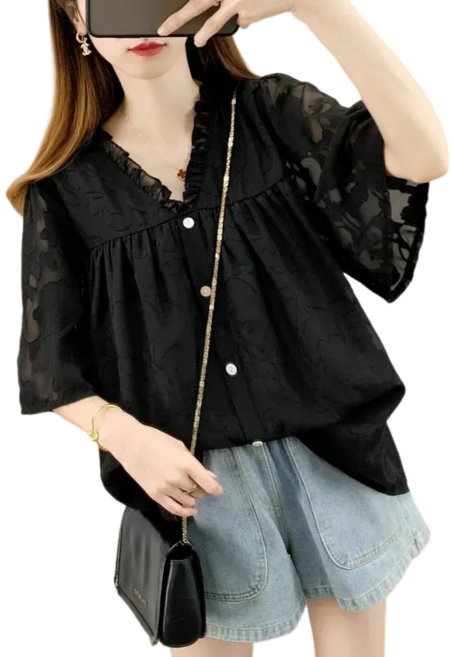 여성용 브이넥 레이스 프릴 블라우스 박시 빅사이즈 반팔 블라우스 뉴타임즈Women's T-shirt